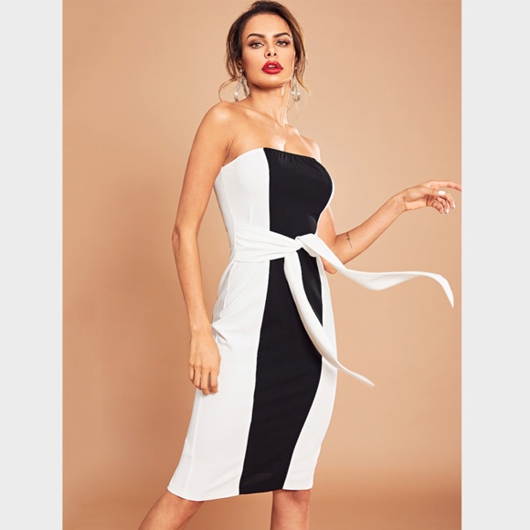 Rouge! Dresses & Skirts - Strapless Color Block Self Tie Bodycon Midi Dress